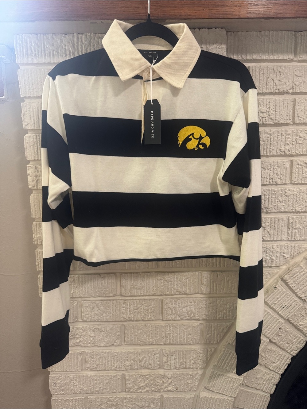 Striped Black & White Rugby Shirt with Hawkeye Logo. The University of Iowa.